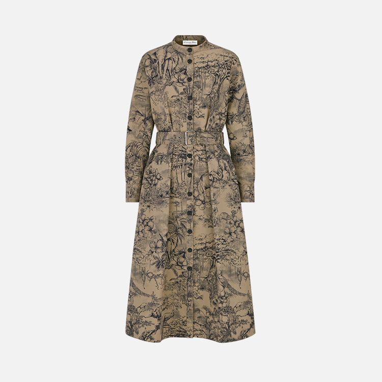 디올 Toile de Jouy Voyage 모티브 코튼 개버딘 벨트 셔츠 드레스