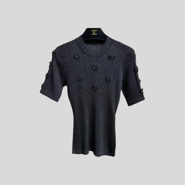 샤넬 글리터 실크 리본 반팔 탑