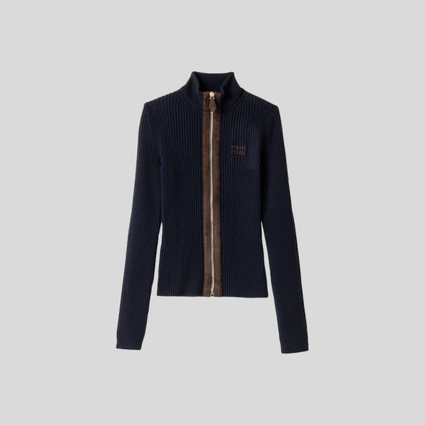 미우미우 캐시미어 및 가죽 지퍼 가디건