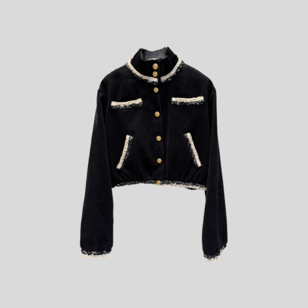 샤넬 블랙 립드 벨벳 블루종 자켓
