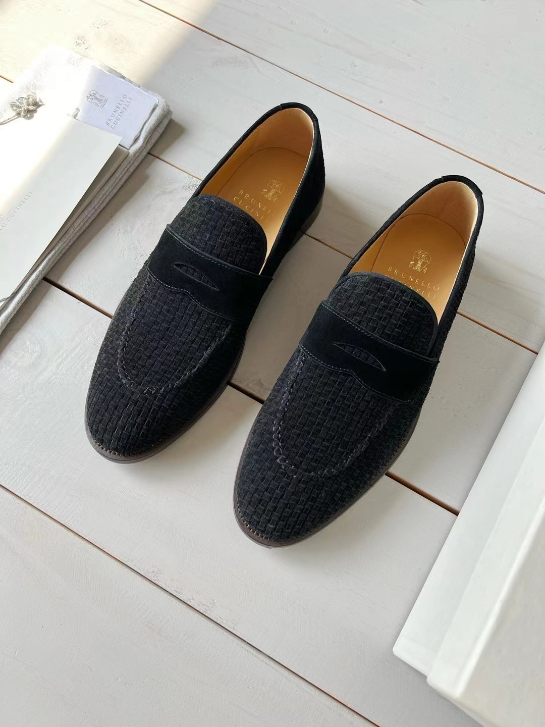 브*넬로 남성 블루 스웨이드 우븐 페니 로퍼