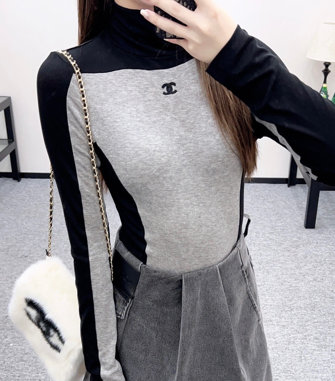 샤* 2025 신상 배색 로고 터틀넥