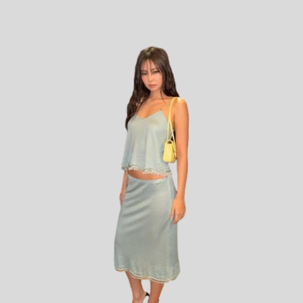 샤넬 블루 태슬 미디 스커트